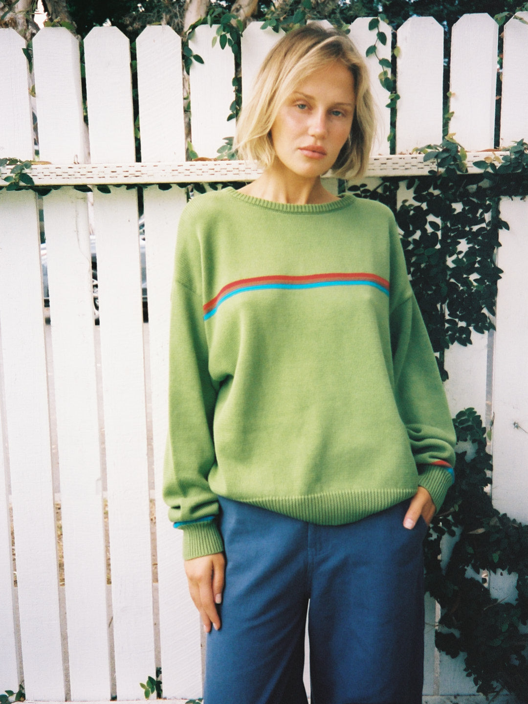 "I Can't Believe it's Not Vintage" Crewneck - Moss Athletic Stripe - 3