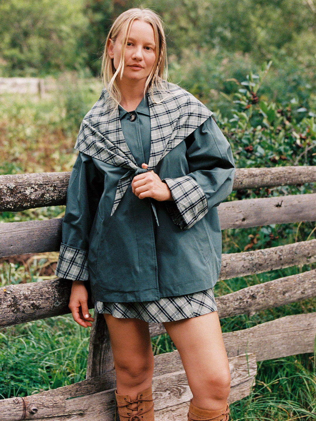 Olson Cropped Trench - Moss Plaid - 5