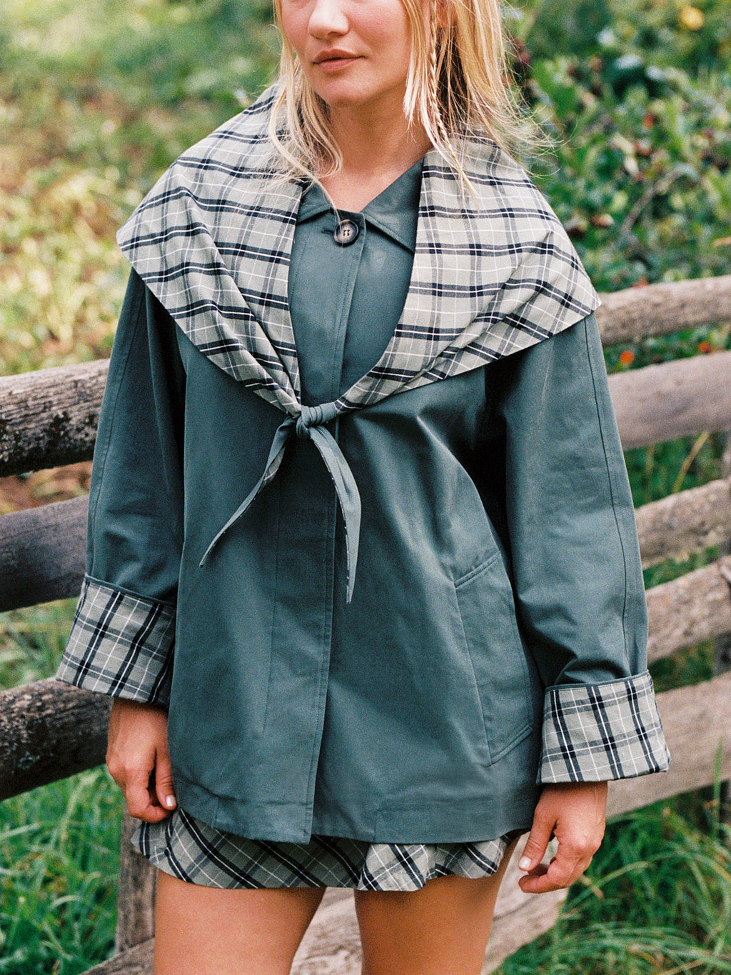 Olson Cropped Trench - Moss Plaid - 2